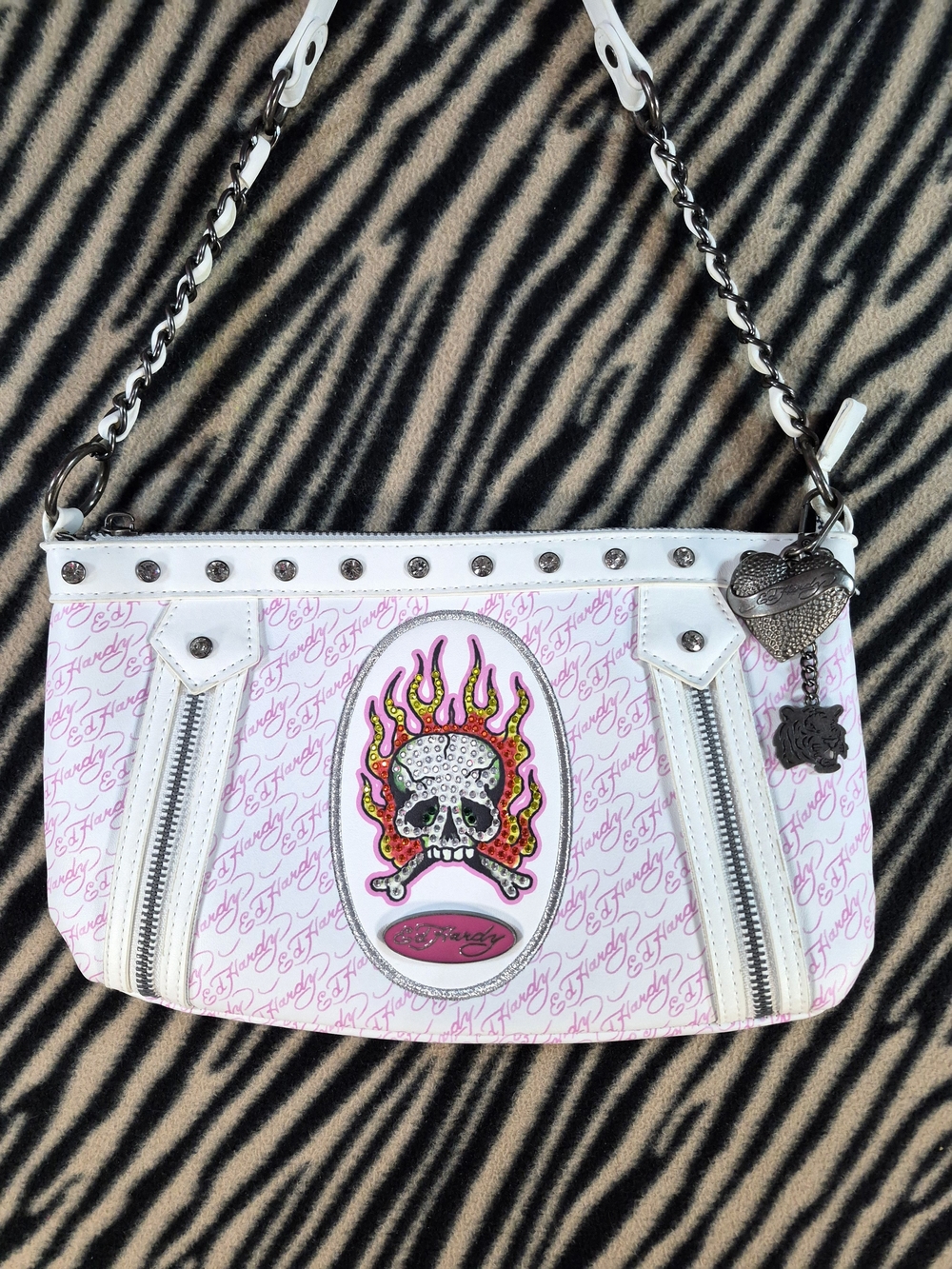 Ed Hardy White and Pink Skull Flame Graphic Shoulder Bag with Chain Strap